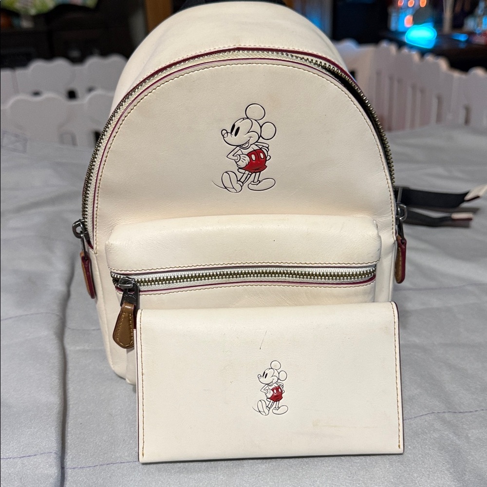 Coach White Backpack with Mickey Mouse Design and Wallet